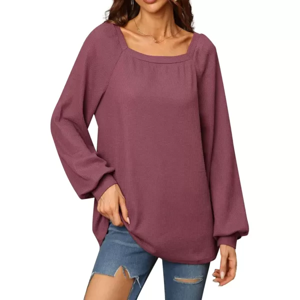 LYANER Women's Casual Square Neck Long Sleeve Waffle Knit Blouses Pullover Sweatshirt