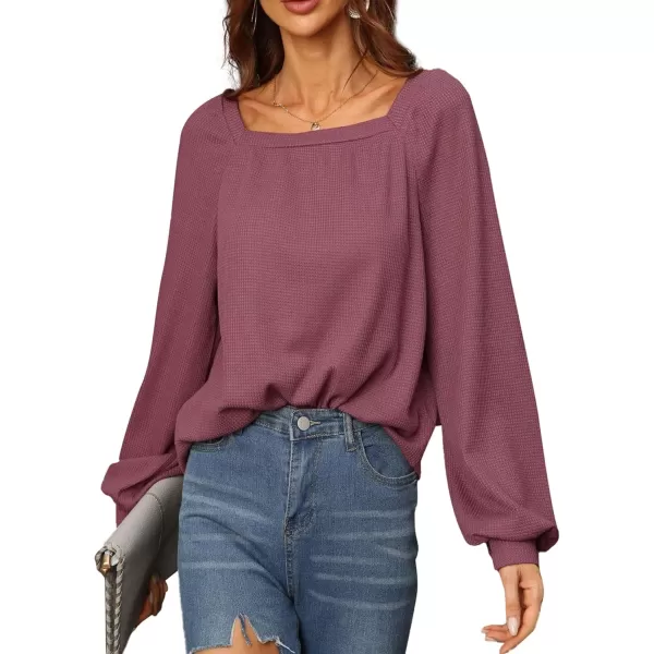 LYANER Women's Casual Square Neck Long Sleeve Waffle Knit Blouses Pullover Sweatshirt