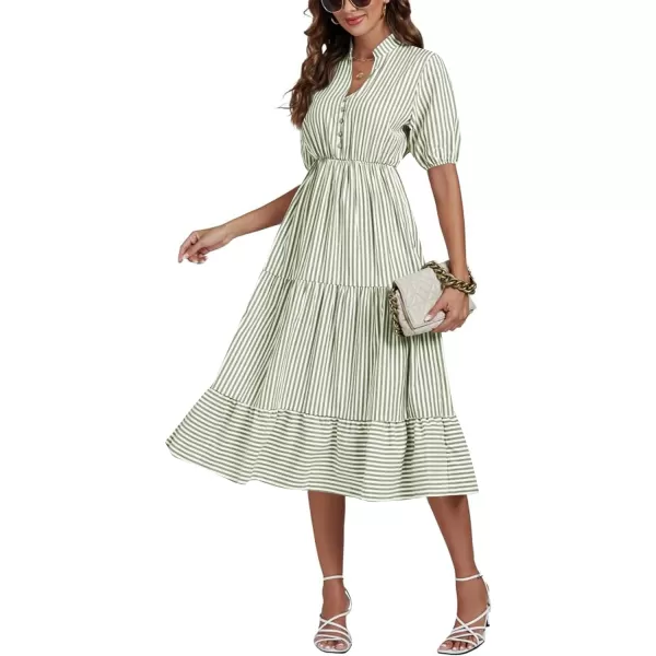 LYANER Women's Casual Striped Print V Neck Puff Short Sleeve Ruffle Hem Midi Dress