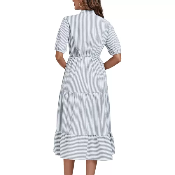 LYANER Women's Casual Striped Print V Neck Puff Short Sleeve Ruffle Hem Midi Dress