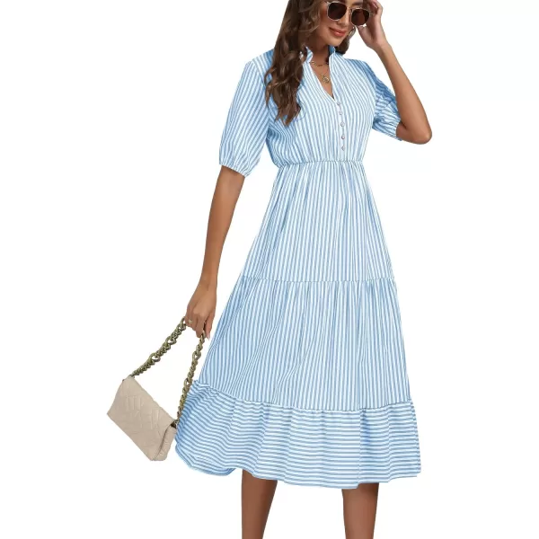 LYANER Women's Casual Striped Print V Neck Puff Short Sleeve Ruffle Hem Midi Dress