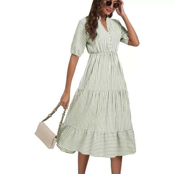 LYANER Women's Casual Striped Print V Neck Puff Short Sleeve Ruffle Hem Midi Dress