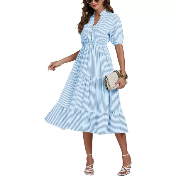 LYANER Women's Casual Striped Print V Neck Puff Short Sleeve Ruffle Hem Midi Dress