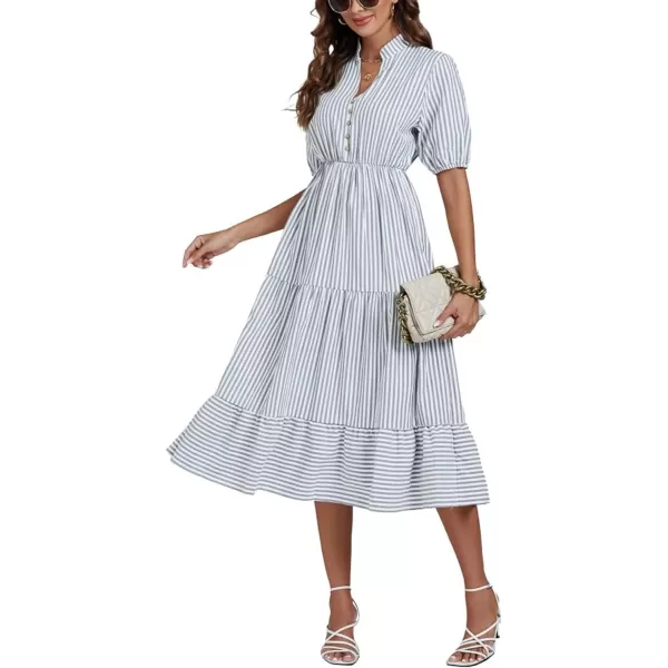 LYANER Women's Casual Striped Print V Neck Puff Short Sleeve Ruffle Hem Midi Dress