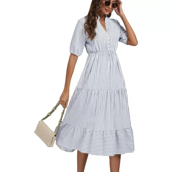 LYANER Women's Casual Striped Print V Neck Puff Short Sleeve Ruffle Hem Midi Dress
