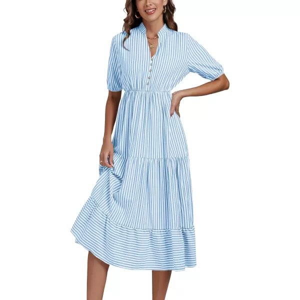 LYANER Women's Casual Striped Print V Neck Puff Short Sleeve Ruffle Hem Midi Dress