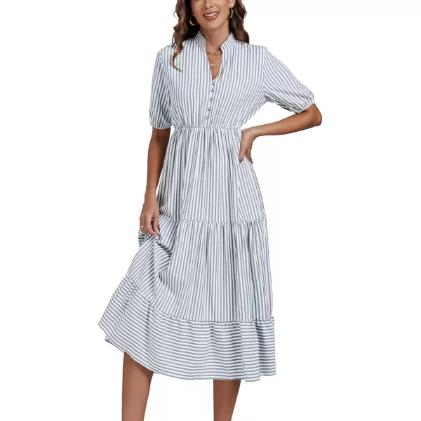 LYANER Women's Casual Striped Print V Neck Puff Short Sleeve Ruffle Hem Midi Dress