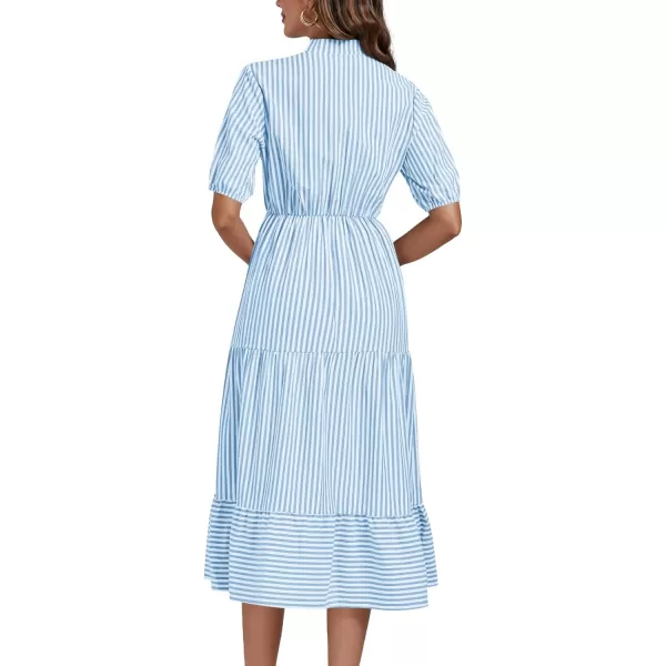 LYANER Women's Casual Striped Print V Neck Puff Short Sleeve Ruffle Hem Midi Dress