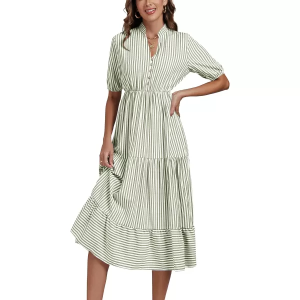 LYANER Women's Casual Striped Print V Neck Puff Short Sleeve Ruffle Hem Midi Dress