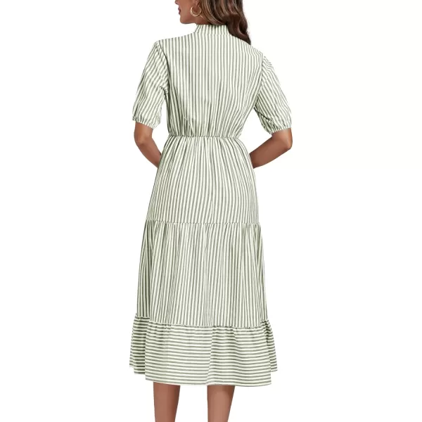 LYANER Women's Casual Striped Print V Neck Puff Short Sleeve Ruffle Hem Midi Dress