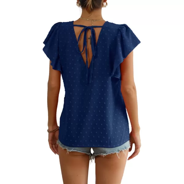 LYANER Women's Casual Swiss Dots V Neck Flutter Sleeve Blouse Pom Pom Shirt Top