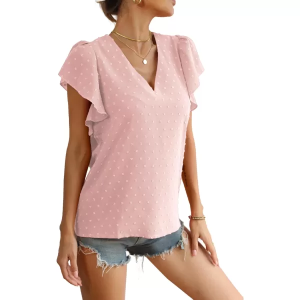 LYANER Women's Casual Swiss Dots V Neck Flutter Sleeve Blouse Pom Pom Shirt Top