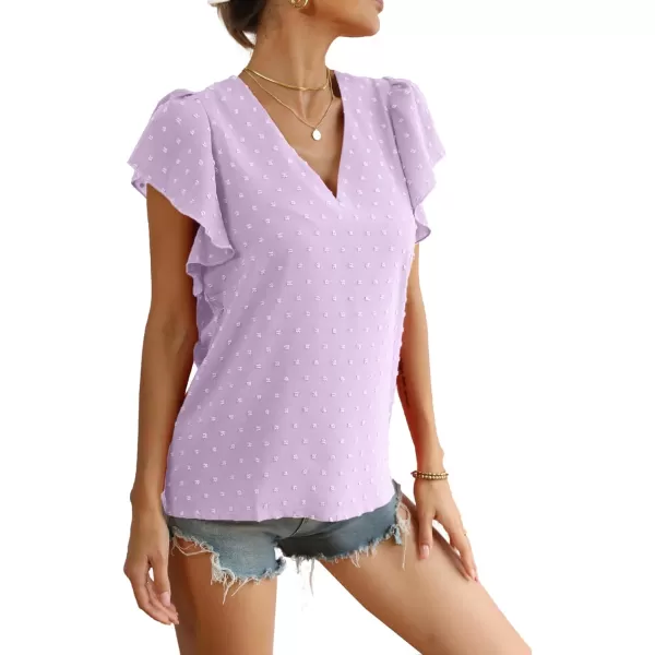 LYANER Women's Casual Swiss Dots V Neck Flutter Sleeve Blouse Pom Pom Shirt Top