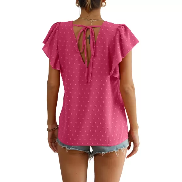 LYANER Women's Casual Swiss Dots V Neck Flutter Sleeve Blouse Pom Pom Shirt Top
