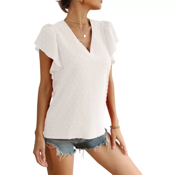 LYANER Women's Casual Swiss Dots V Neck Flutter Sleeve Blouse Pom Pom Shirt Top