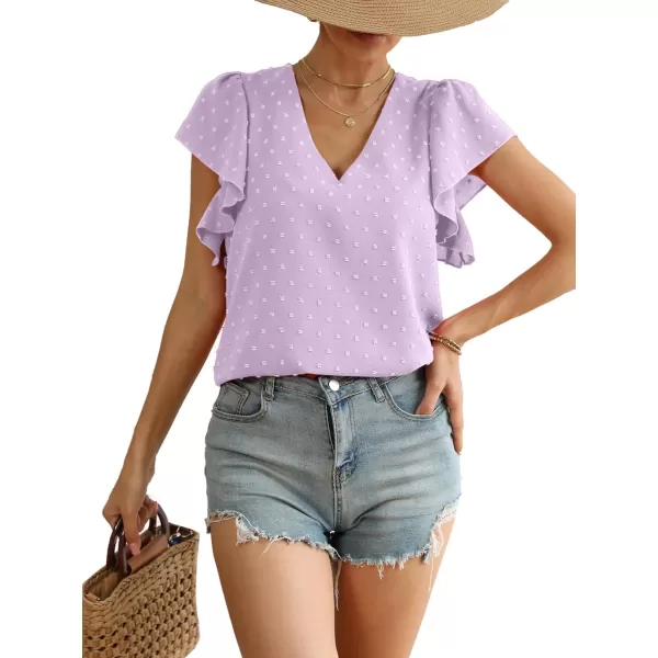 LYANER Women's Casual Swiss Dots V Neck Flutter Sleeve Blouse Pom Pom Shirt Top