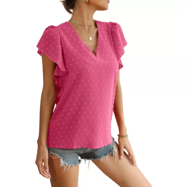 LYANER Women's Casual Swiss Dots V Neck Flutter Sleeve Blouse Pom Pom Shirt Top