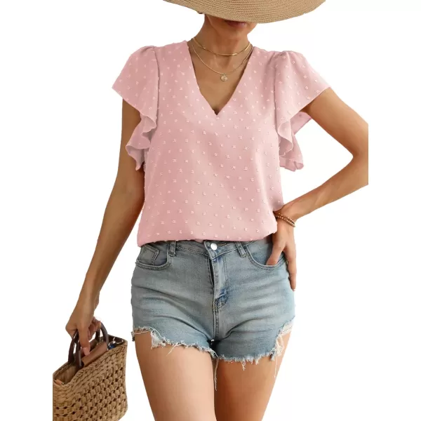 LYANER Women's Casual Swiss Dots V Neck Flutter Sleeve Blouse Pom Pom Shirt Top