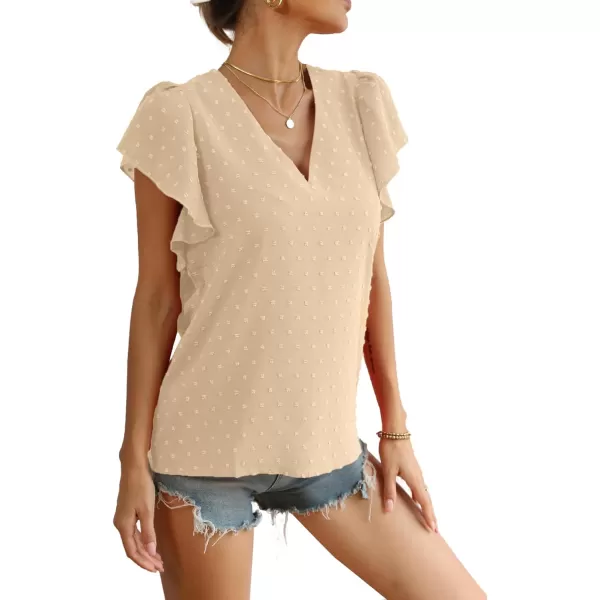 LYANER Women's Casual Swiss Dots V Neck Flutter Sleeve Blouse Pom Pom Shirt Top