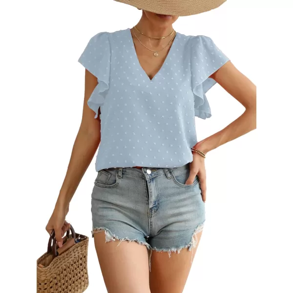 LYANER Women's Casual Swiss Dots V Neck Flutter Sleeve Blouse Pom Pom Shirt Top