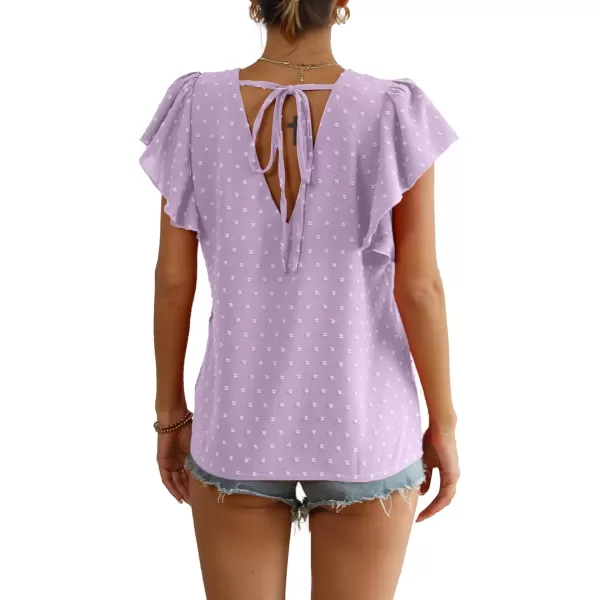 LYANER Women's Casual Swiss Dots V Neck Flutter Sleeve Blouse Pom Pom Shirt Top