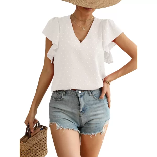 LYANER Women's Casual Swiss Dots V Neck Flutter Sleeve Blouse Pom Pom Shirt Top