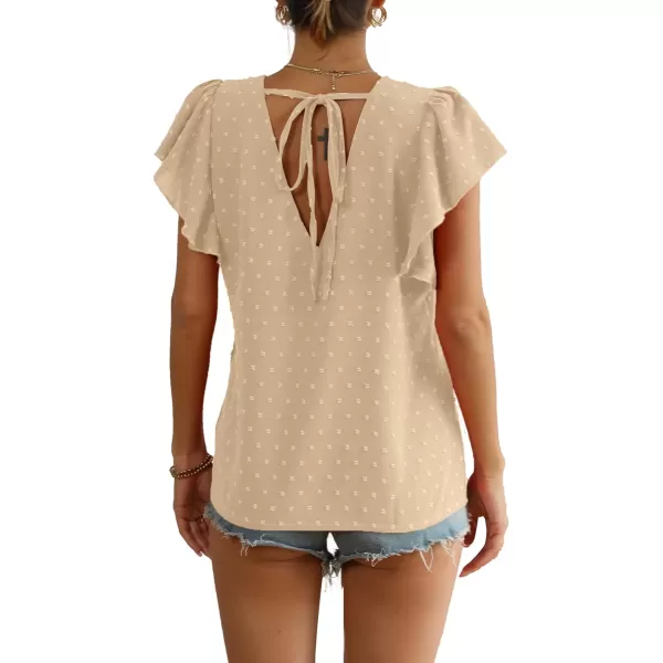 LYANER Women's Casual Swiss Dots V Neck Flutter Sleeve Blouse Pom Pom Shirt Top