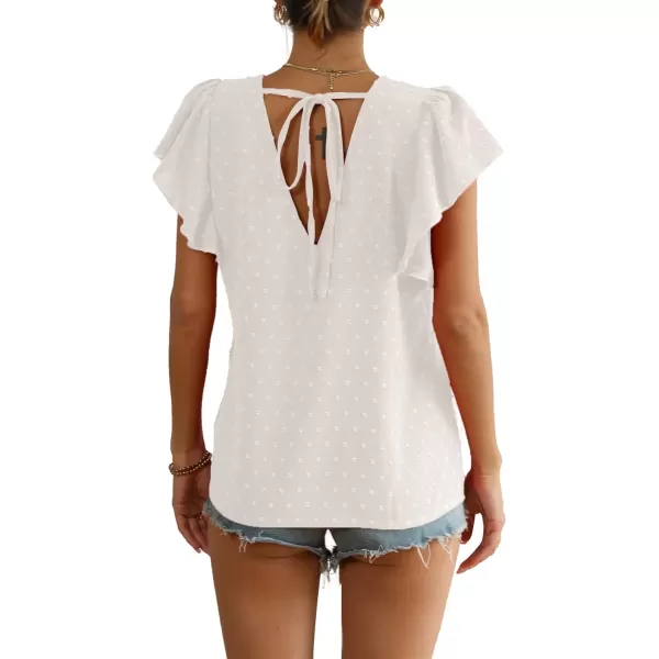 LYANER Women's Casual Swiss Dots V Neck Flutter Sleeve Blouse Pom Pom Shirt Top