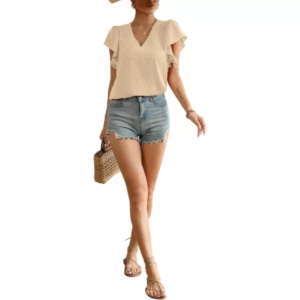 LYANER Women's Casual Swiss Dots V Neck Flutter Sleeve Blouse Pom Pom Shirt Top