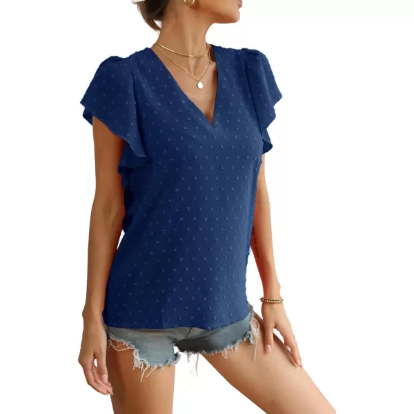 LYANER Women's Casual Swiss Dots V Neck Flutter Sleeve Blouse Pom Pom Shirt Top