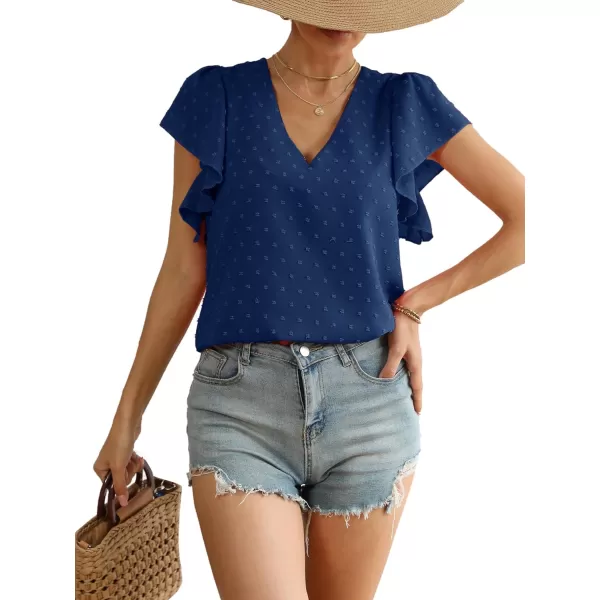 LYANER Women's Casual Swiss Dots V Neck Flutter Sleeve Blouse Pom Pom Shirt Top
