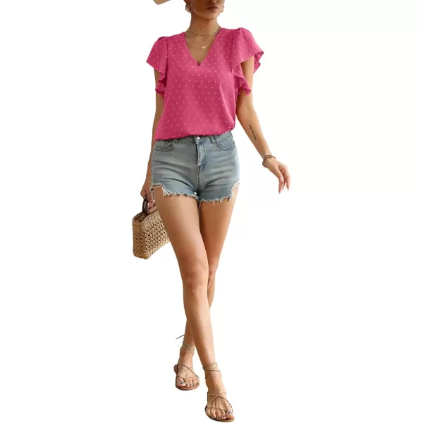 LYANER Women's Casual Swiss Dots V Neck Flutter Sleeve Blouse Pom Pom Shirt Top