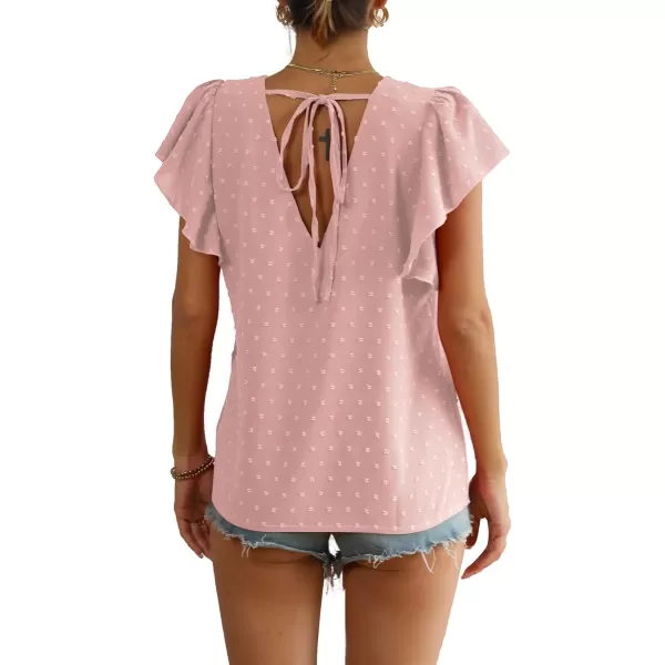 LYANER Women's Casual Swiss Dots V Neck Flutter Sleeve Blouse Pom Pom Shirt Top