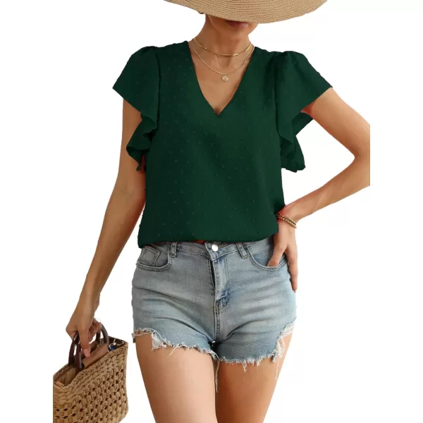 LYANER Women's Casual Swiss Dots V Neck Flutter Sleeve Blouse Pom Pom Shirt Top