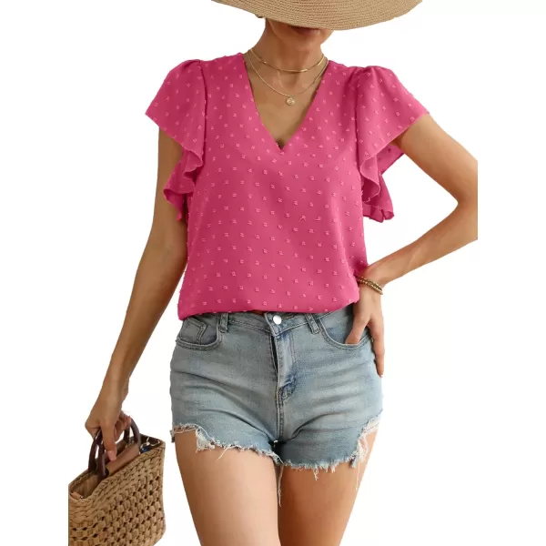 LYANER Women's Casual Swiss Dots V Neck Flutter Sleeve Blouse Pom Pom Shirt Top