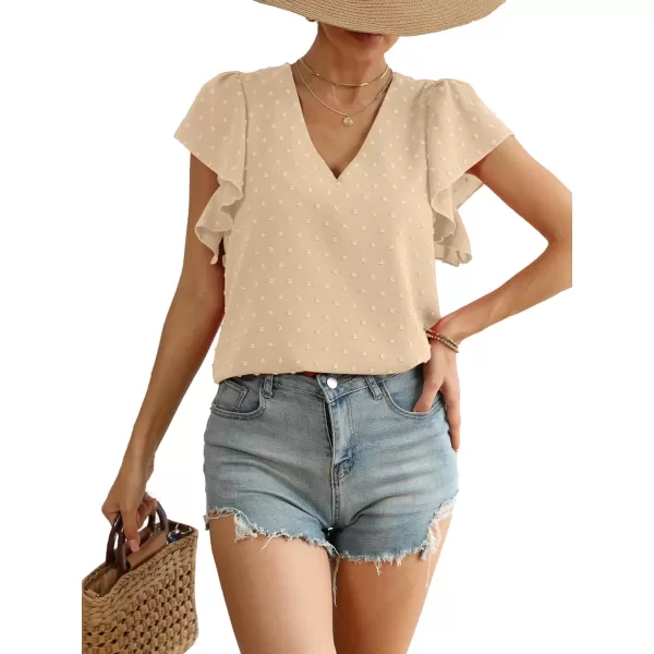 LYANER Women's Casual Swiss Dots V Neck Flutter Sleeve Blouse Pom Pom Shirt Top
