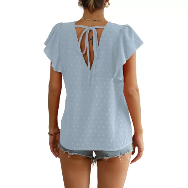 LYANER Women's Casual Swiss Dots V Neck Flutter Sleeve Blouse Pom Pom Shirt Top
