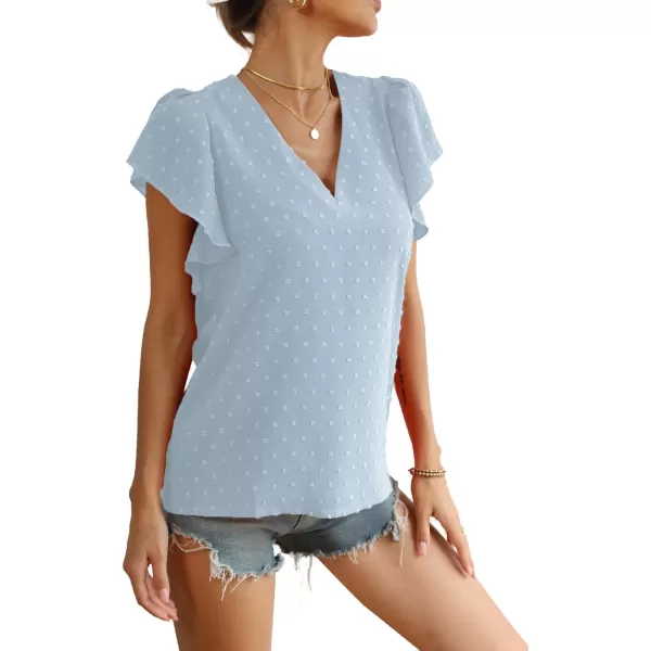 LYANER Women's Casual Swiss Dots V Neck Flutter Sleeve Blouse Pom Pom Shirt Top