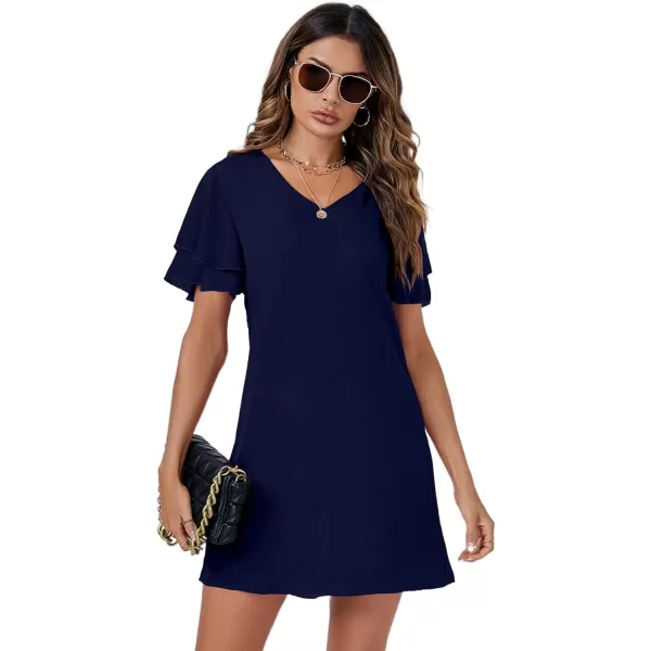 LYANER Women's Casual V Neck Layered Ruffle Short Sleeve Loose Fit Mini Dress