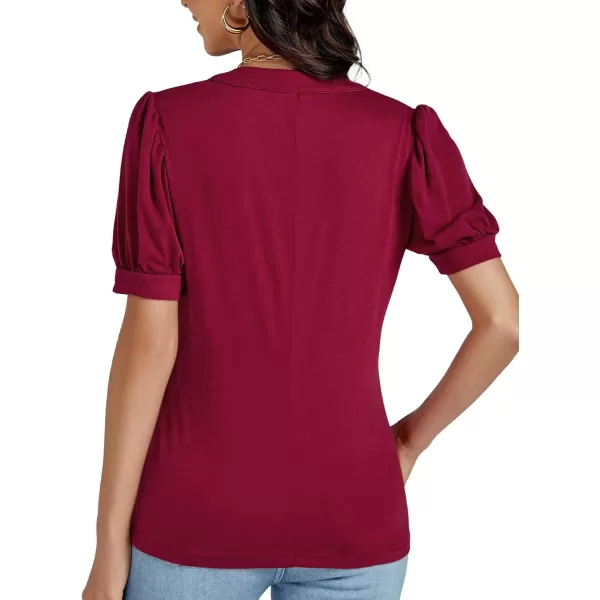 LYANER Women's Casual V Neck Puff Short Sleeve Shirt Blouses Tunic Top