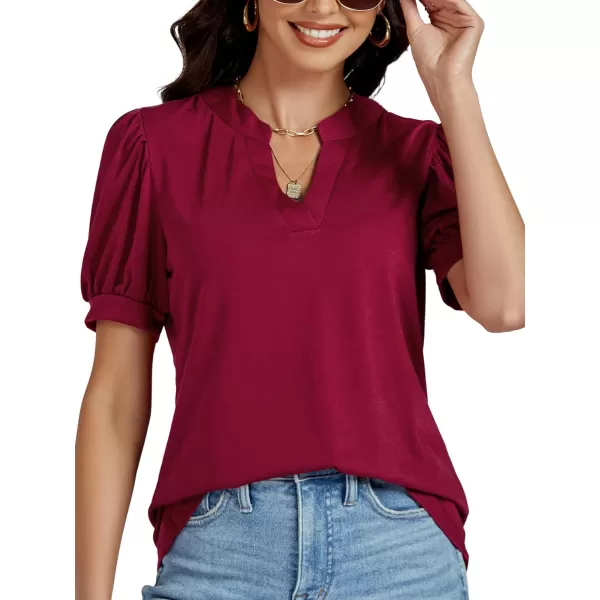 LYANER Women's Casual V Neck Puff Short Sleeve Shirt Blouses Tunic Top