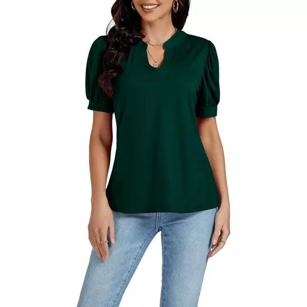 LYANER Women's Casual V Neck Puff Short Sleeve Shirt Blouses Tunic Top
