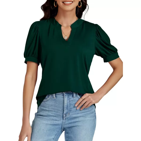 LYANER Women's Casual V Neck Puff Short Sleeve Shirt Blouses Tunic Top
