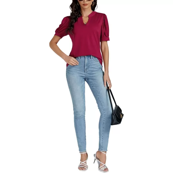 LYANER Women's Casual V Neck Puff Short Sleeve Shirt Blouses Tunic Top