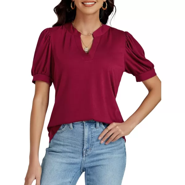 LYANER Women's Casual V Neck Puff Short Sleeve Shirt Blouses Tunic Top