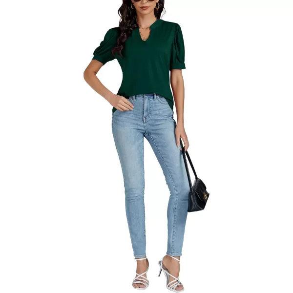 LYANER Women's Casual V Neck Puff Short Sleeve Shirt Blouses Tunic Top