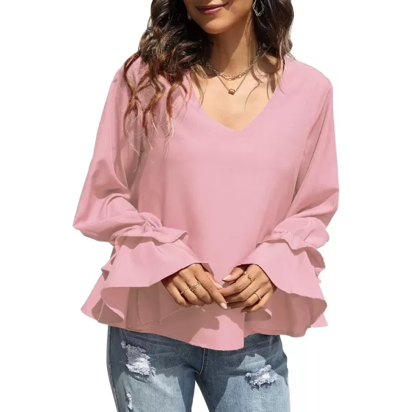 LYANER Women's Casual V Neck Tiered Ruffle Bell Long Sleeve Blouse Shirt Tunic Top