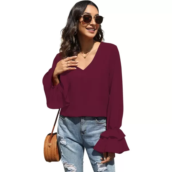 LYANER Women's Casual V Neck Tiered Ruffle Bell Long Sleeve Blouse Shirt Tunic Top