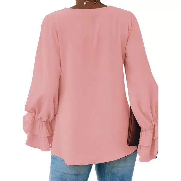 LYANER Women's Casual V Neck Tiered Ruffle Bell Long Sleeve Blouse Shirt Tunic Top