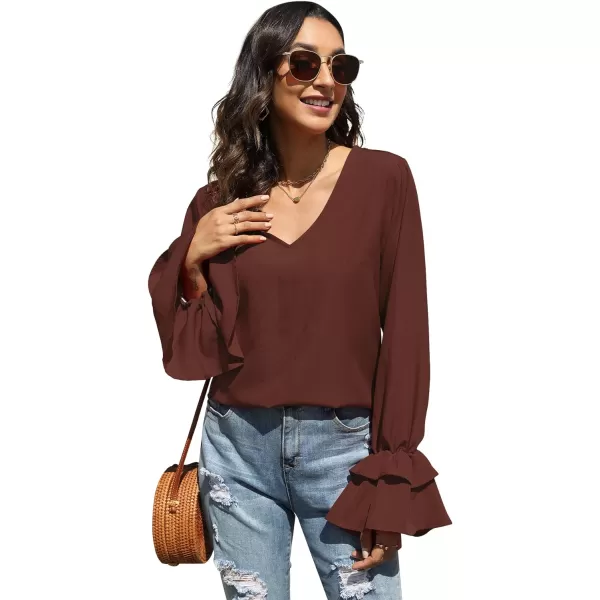 LYANER Women's Casual V Neck Tiered Ruffle Bell Long Sleeve Blouse Shirt Tunic Top